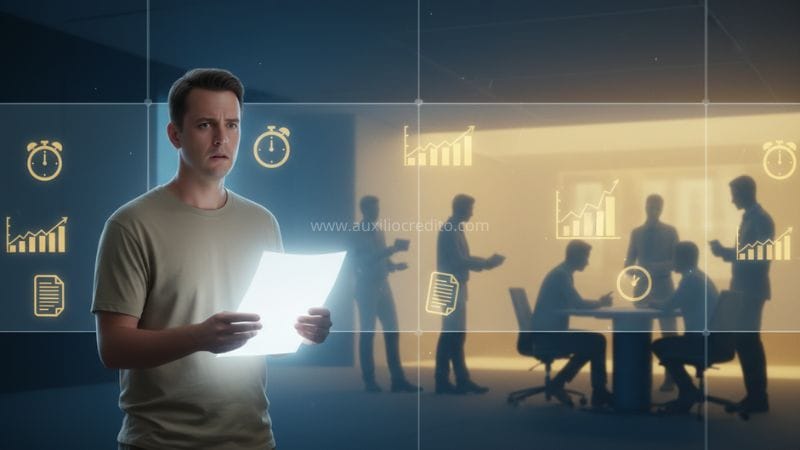 Homem com expressão de dúvida segura documento brilhante em frente a uma tela de vidro com ícones de cronômetros e gráficos financeiros — representação da barreira invisível do rating bancário.