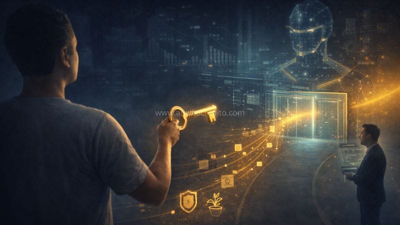 Homem segura uma chave dourada apontando para um portal digital guardado por uma inteligência artificial; ícones de segurança e crescimento conectam a chave ao sistema — metáfora de como aumentar o rating bancário.