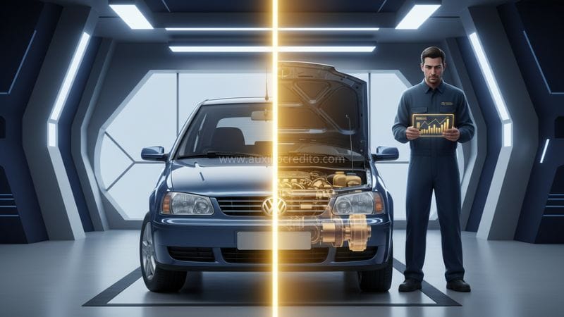 Carro com capô aberto mostrando o motor digital à direita e a carroceria intacta à esquerda; técnico segura tablet com gráfico — ilustração do conceito de rating bancario versus score.