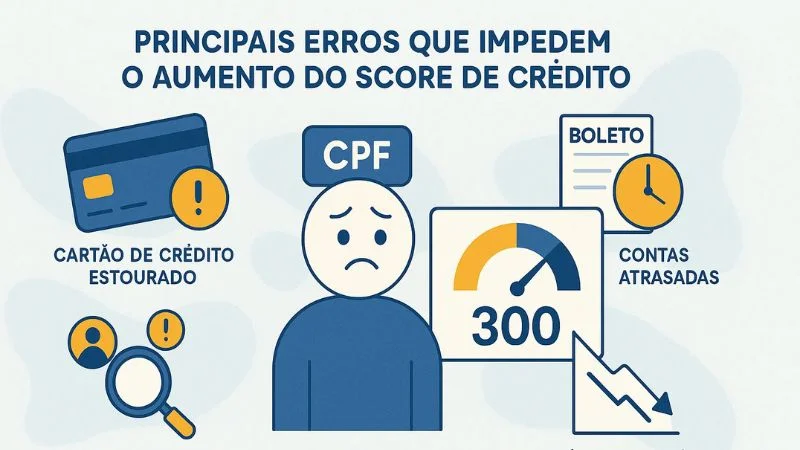Ilustração mostrando os principais erros que impedem o aumento do score, como contas atrasadas, consultas excessivas e uso total do limite.