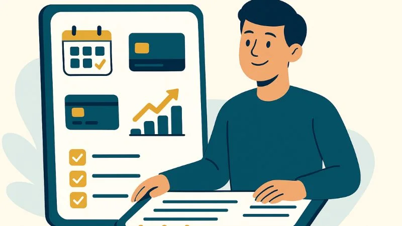 Ilustração com três passos visuais mostrando como aumentar o score rápido: negociar dívidas, ativar cadastro positivo e usar crédito de forma consciente.