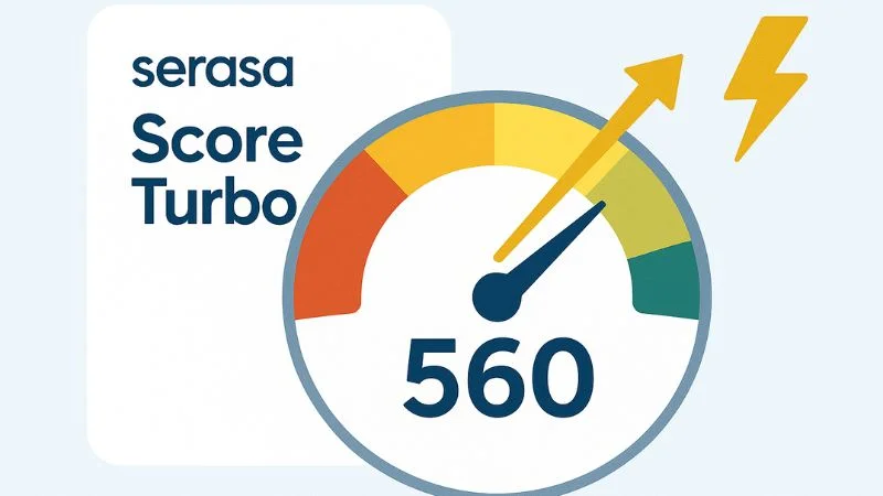 Ilustração de painel digital mostrando o Score Turbo da Serasa, com seta de aceleração e gráfico de pontuação crescente.