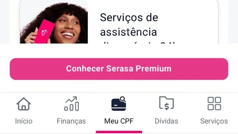Tela do app Serasa mostrando a aba “Meu CPF” para acessar o relatório completo de consultas ao CPF.
