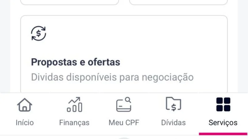 Tela do aplicativo Serasa no menu Serviços usado para ver consultas ao CPF gratuitamente.
