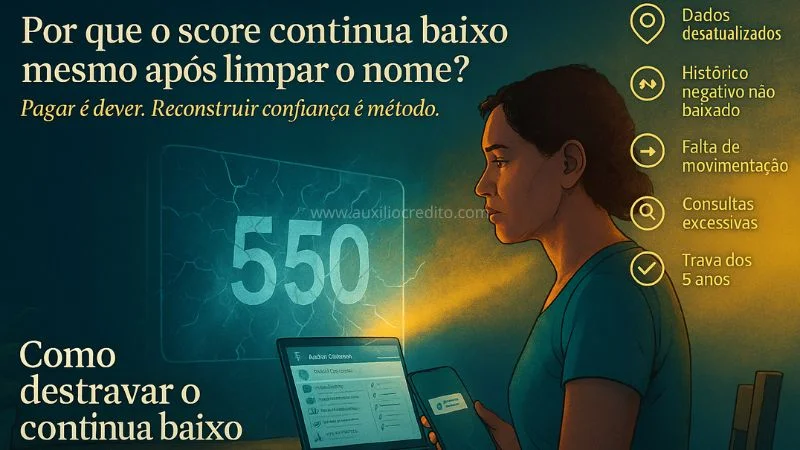 Mulher olhando para tela com score 550 no Serasa, refletindo por que o score continua baixo mesmo com nome limpo, mostrando causas como dados desatualizados, falta de movimentação e trava dos 5 anos.