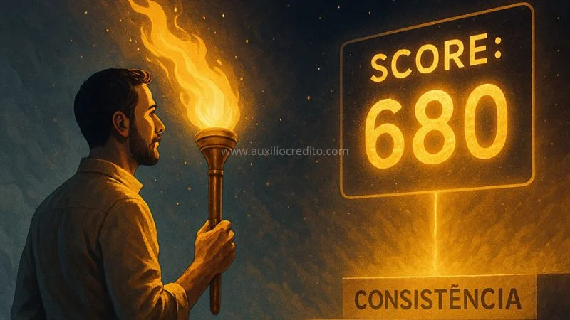 Homem segurando uma tocha acesa olhando para um painel com score 680 e a palavra consistência, simbolizando a recuperação do score após limpar o nome com método e disciplina.