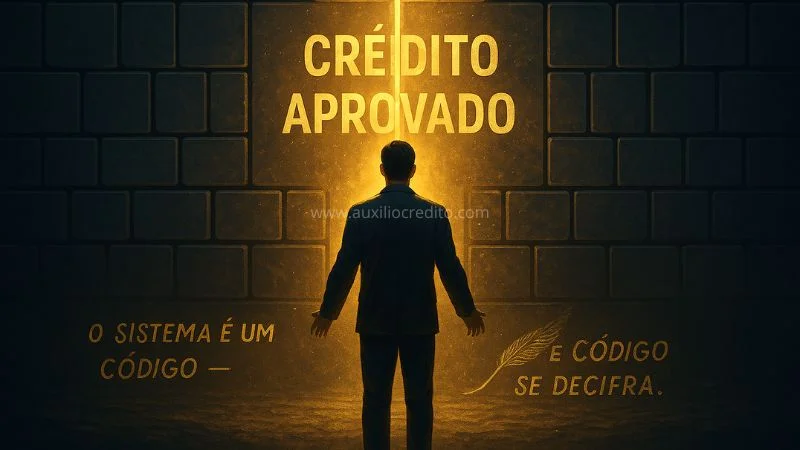 Homem diante de uma parede se abrindo com a frase crédito aprovado, simbolizando a conquista do crédito após entender o sistema financeiro e superar o score baixo mesmo com nome limpo.