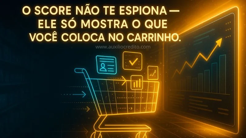 Como funciona o score: ilustração mostrando que o score não espiona o consumidor, apenas registra comportamento financeiro — simbolizado por um carrinho de supermercado.