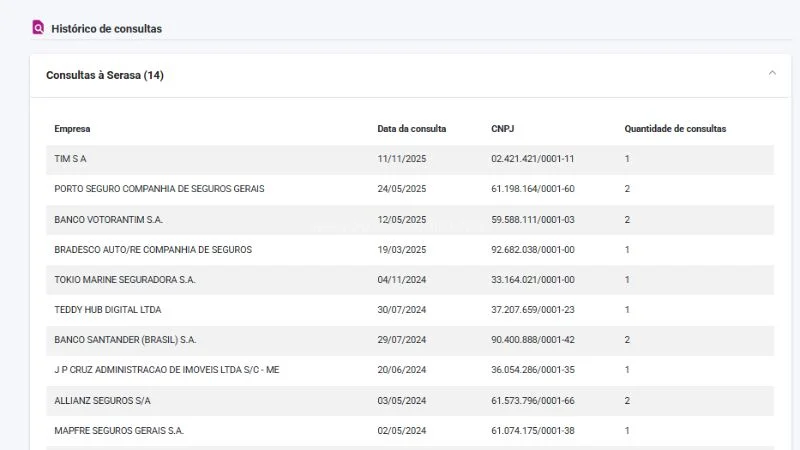 Exemplo real de histórico de consultas ao CPF mostrando empresas, datas e quantidade de consultas no Serasa