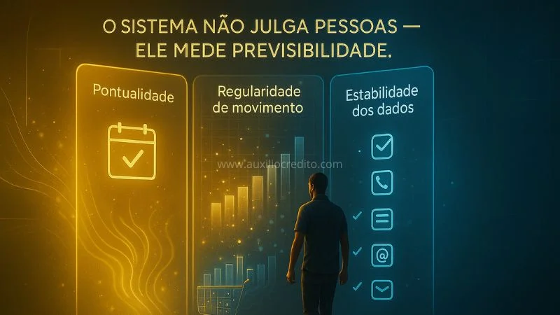Como funciona o score: ilustração mostrando que o sistema financeiro mede previsibilidade analisando pontualidade, regularidade de movimento e estabilidade dos dados.