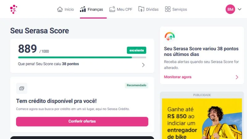 Tela do Serasa mostrando score 889 e várias consultas ao CPF, usada como prova de que consultas ao CPF não derrubam o score automaticamente.
