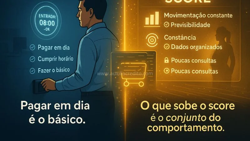 Como funciona o score: ilustração explicando que pagar em dia é o básico, e que o score só sobe com o conjunto do comportamento — movimento constante, previsibilidade, dados organizados e poucas consultas.