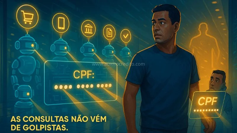 Homem observando robôs consultando seu CPF, ilustrando quem pode fazer consultas ao CPF