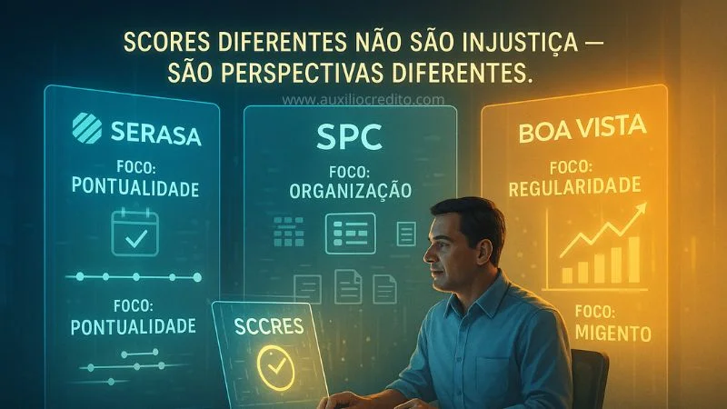 Como funciona o score: comparação entre Serasa, SPC e Boa Vista mostrando que cada birô foca em critérios diferentes como pontualidade, organização e regularidade, resultando em pontuações distintas.