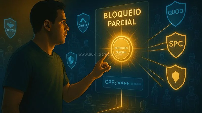 Homem avaliando opções de bloqueio parcial de consultas ao CPF nos birôs Serasa, SPC e Quod