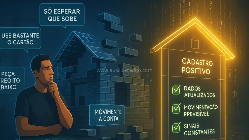 Ilustração explicando como funciona o score, mostrando um consumidor confuso e os sinais certos do Cadastro Positivo que fazem a pontuação aumentar: dados atualizados, movimentação previsível e comportamento constante.