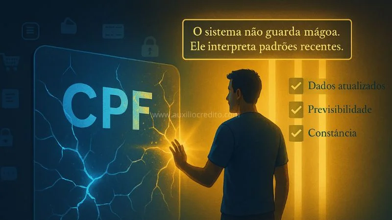 Ilustração mostrando CPF rachado e sinais positivos de dados atualizados, previsibilidade e constância para recuperar o score após muitas consultas ao CPF