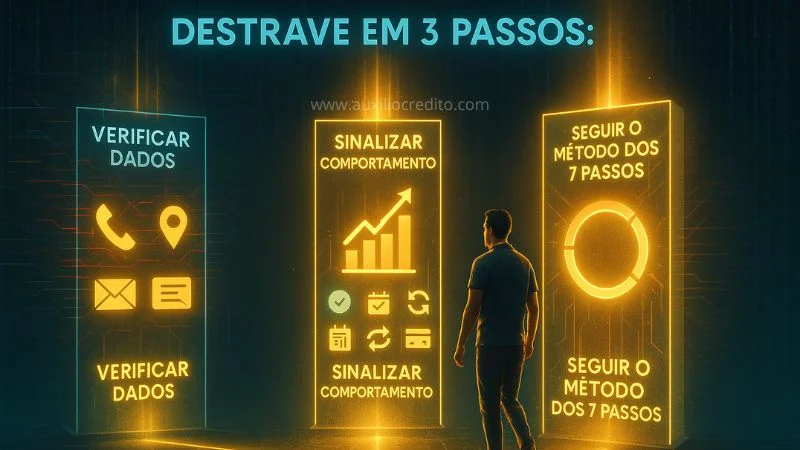 Como funciona o score: guia visual dos 3 passos para destravar o CPF e aumentar a pontuação com dados corretos, sinais certos e método organizado.