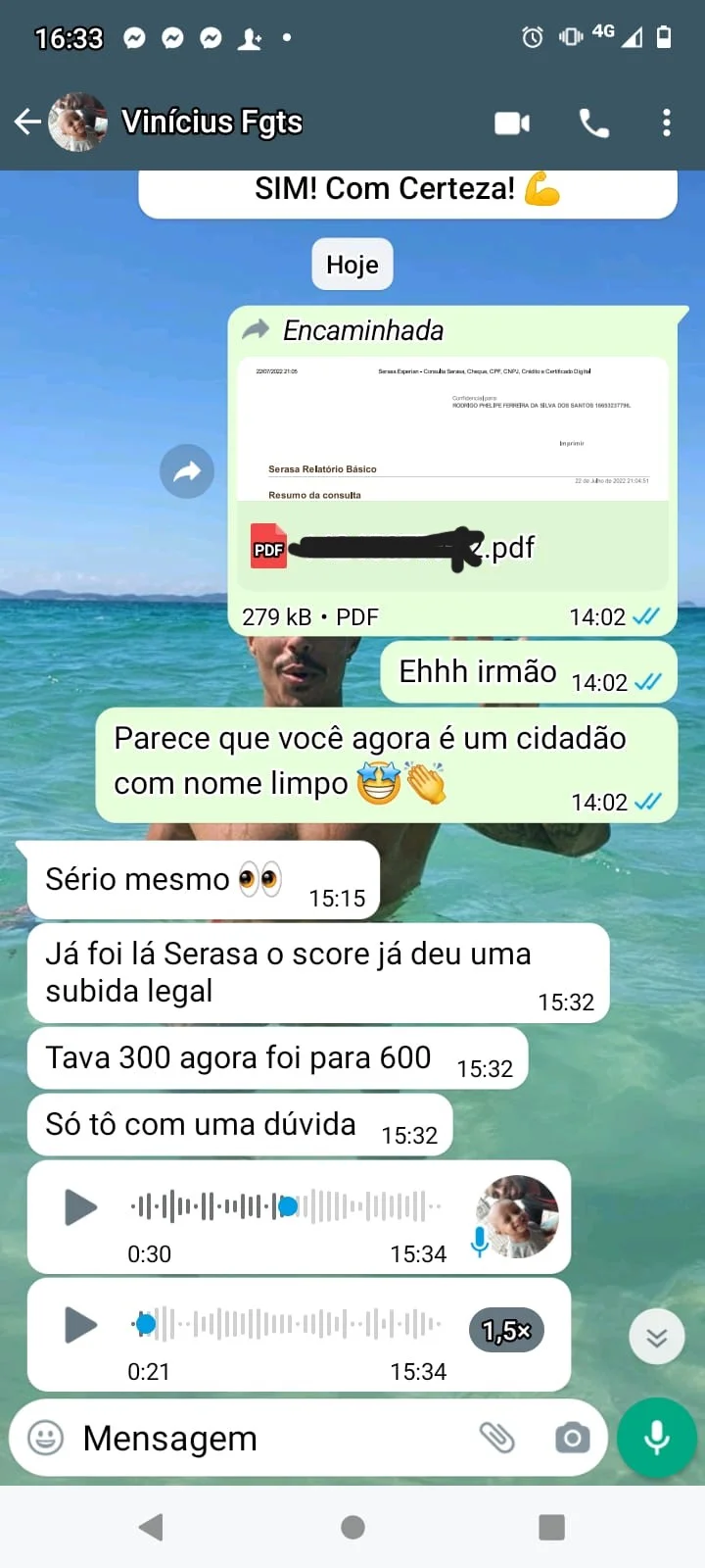 Cliente do Desafio Score de Milhões comemora limpeza do nome e aumento do score de 300 para 600 após aplicar o método da Auxílio Crédito.