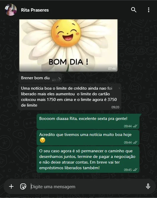 Cliente do Desafio Score de Milhões comemora aumento no limite do cartão após aplicar o método da Auxílio Crédito e seguir o plano de reconstrução de crédito.
