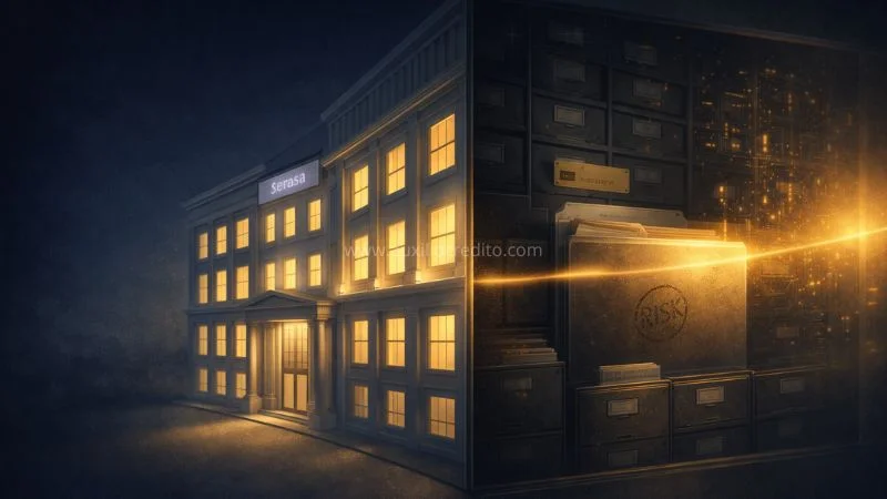 Imagem dividida mostrando o Serasa sendo apagado do lado externo enquanto arquivos internos de risco permanecem ativos, ilustrando que a dívida caduca some do SPC e Serasa, mas continua no sistema financeiro