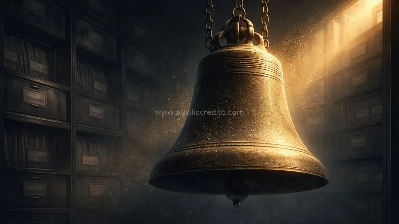 Sino dourado representando o marco de que dívidas caducam após 5 anos, simbolizando o alerta interno que os bancos registram no sistema financeiro mesmo após sair do Serasa